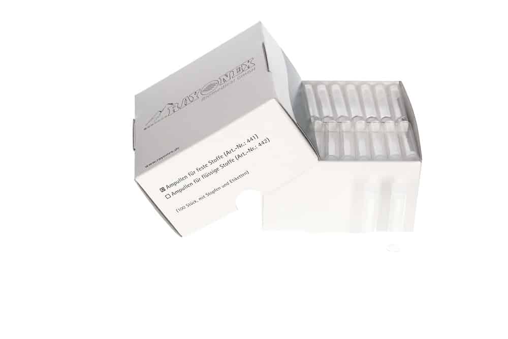 Glass ampoules with caps and labels